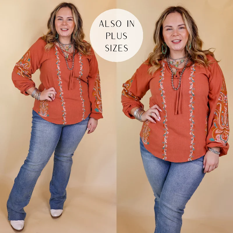 Warm Personality Floral Embroidered Long Sleeve Top with Front Keyhole and Tie in Clay Orange Ride The Style Wave