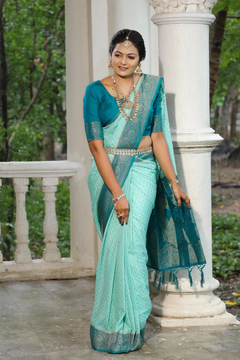 Wedding Special Sky Blue Colour Silk Saree For Women Ethnic Cultural Event Wear