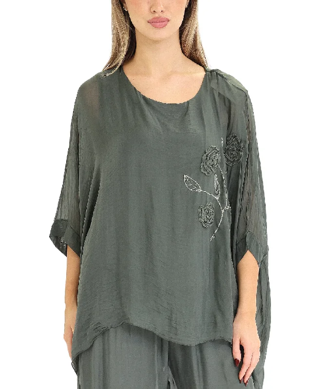 Silk Hanky Hem Top w/ Floral Embroidery Fashion Forward, Function First