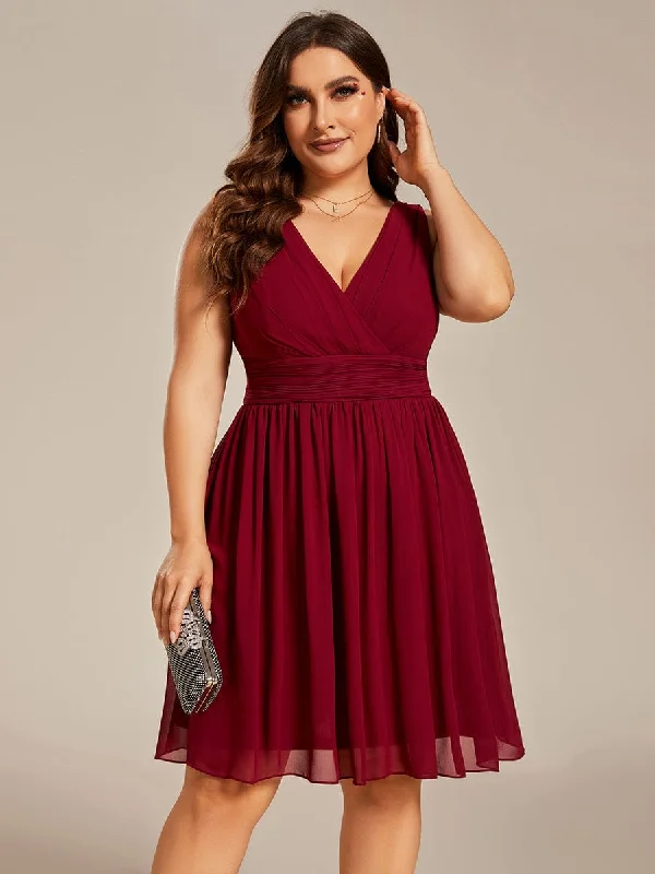 Plus Size Chiffon Sleeveless V Neck Short Bridesmaid Dress Soft Textures