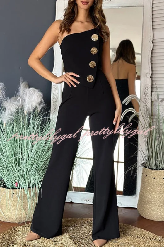 Solid Color Sexy Tube Top Gold Button Embellished Bootcut Jumpsuit Exclusive Deals Online