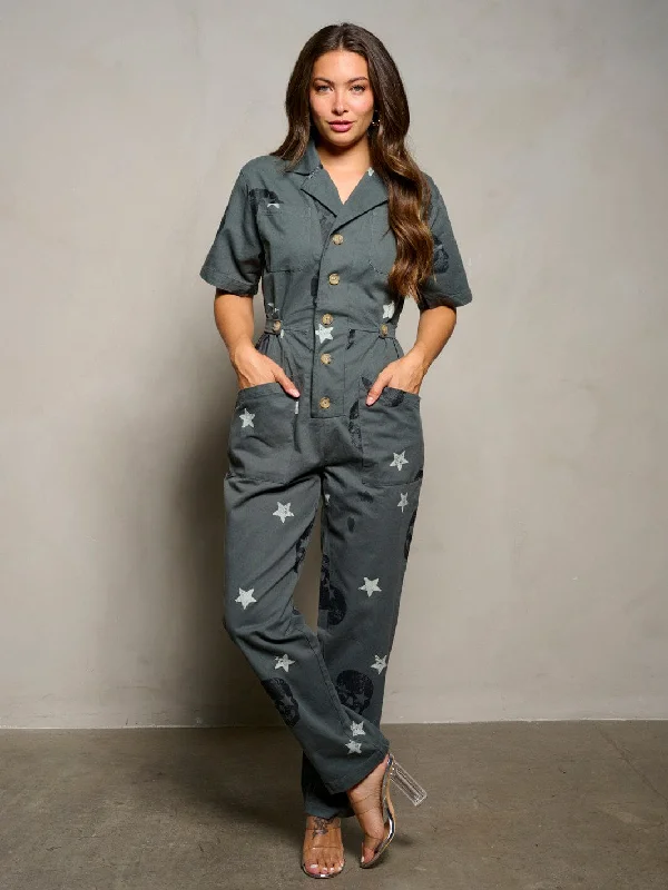 WOMEN'S SHORT SLEEVE BUTTON UP PRINTED POCKETS DENIM JUMPSUIT Stylish Savings