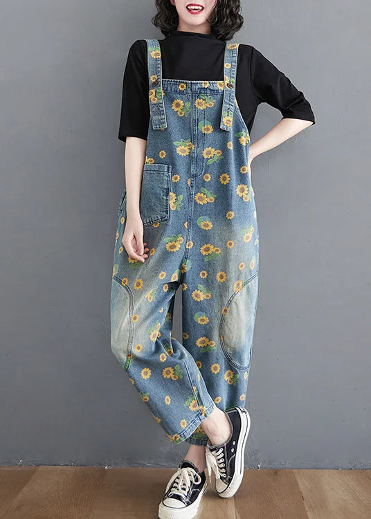 Casual Blue Daisy Patchwork Pockets Denim Jumpsuit Summer Limited Stock, Big Discounts