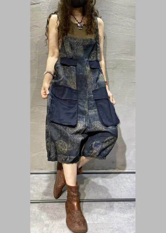 Plus Size Blue Print Oversized Pockets Patchwork Cotton Denim Jumpsuit Summer New Styles Just In