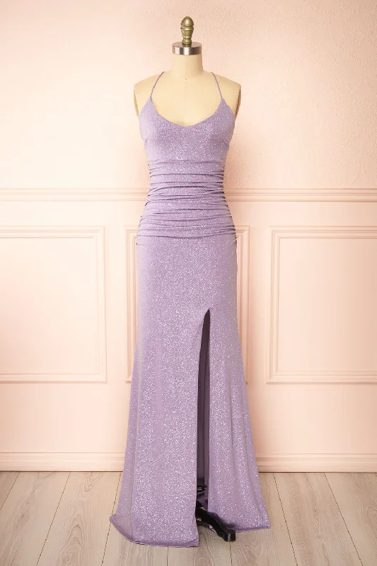 Samira Lavender | Sparkly Mermaid Maxi Dress w/ Slit Trend Forward Women's Wear