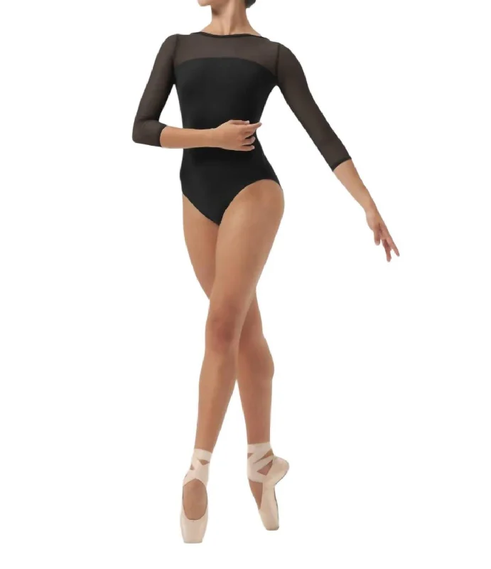 Strap 3/4 Sleeve Leotard In Black Elegant Clothing