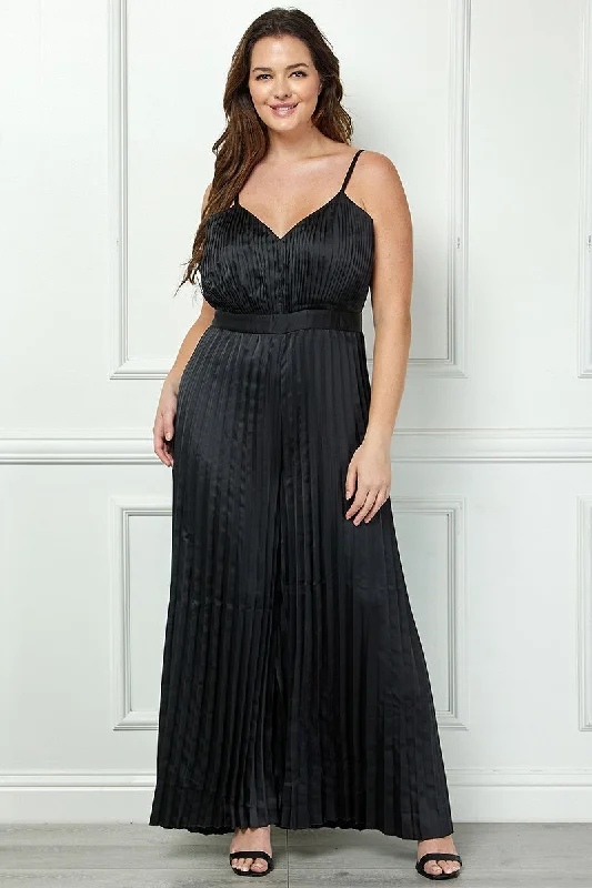 BLACK SATIN SPAGHETTI STRAP PLEATED WIDE LEG PLUS SIZE JUMPSUIT AVJ51891WX Seasonal Clearance