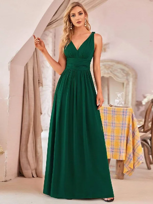 Pleated Sleeveless V-Neck Chiffon Maxi Dress Athleisure Wear Special Offer