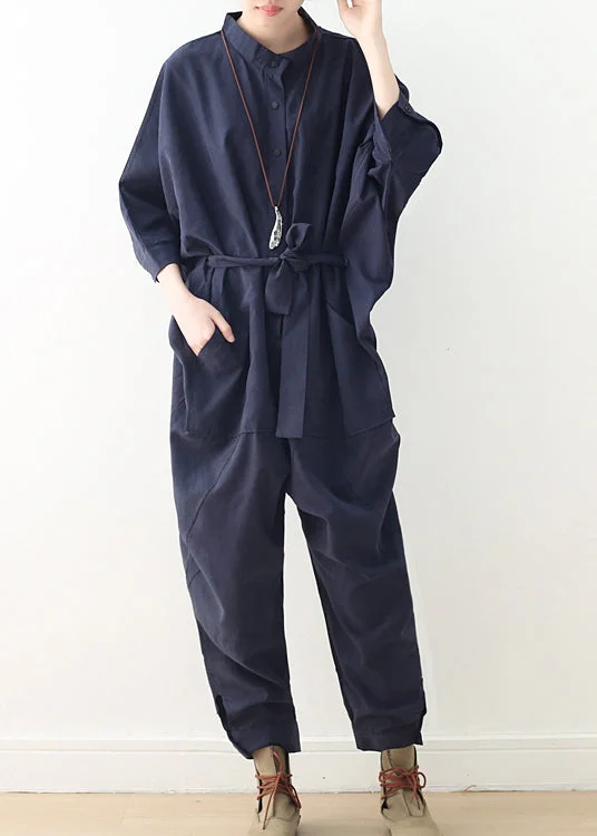 Modern Navy Oversized Tie Waist Cotton Overalls Jumpsuit Fall Fashion Forward