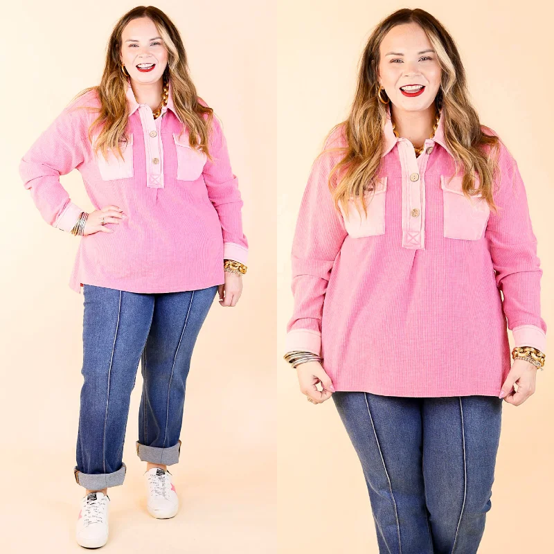 Cozy Welcome Waffle Knit Collared Top with Long Sleeves in Pink Hot Picks