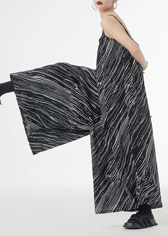 Loose Black Striped Patchwork Silk Cotton Wide Leg Jumpsuits Sleeveless New In This Season