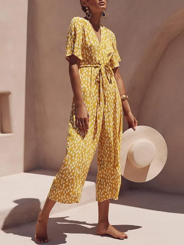 V-Neck Belt Polka Dot Printed Jumpsuit Now On Sale For Chic Urban Styles