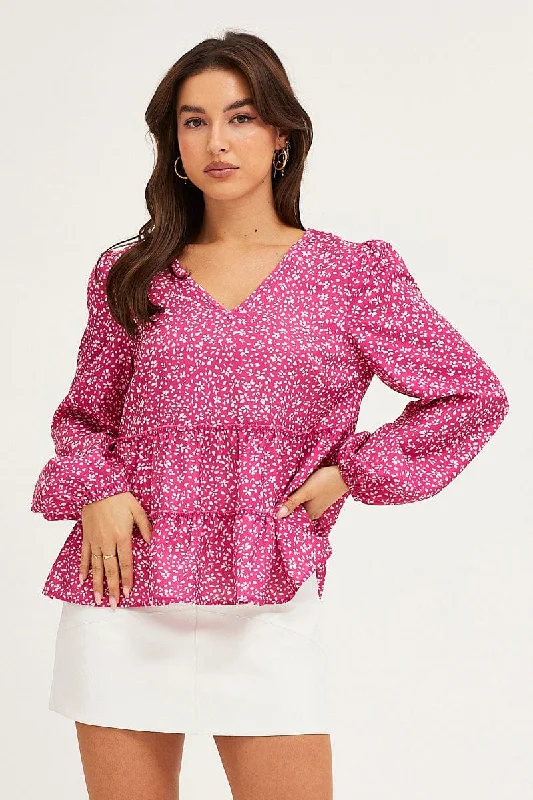 Ditsy Print Ruffle Top Long Sleeve Current Trends