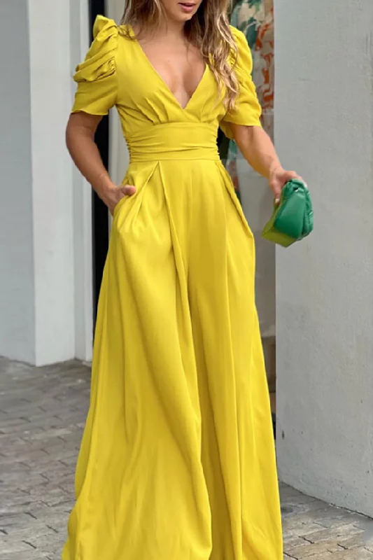 Solid Color Puff Sleeve Pretty Wide Leg Jumpsuit Fashion Sale