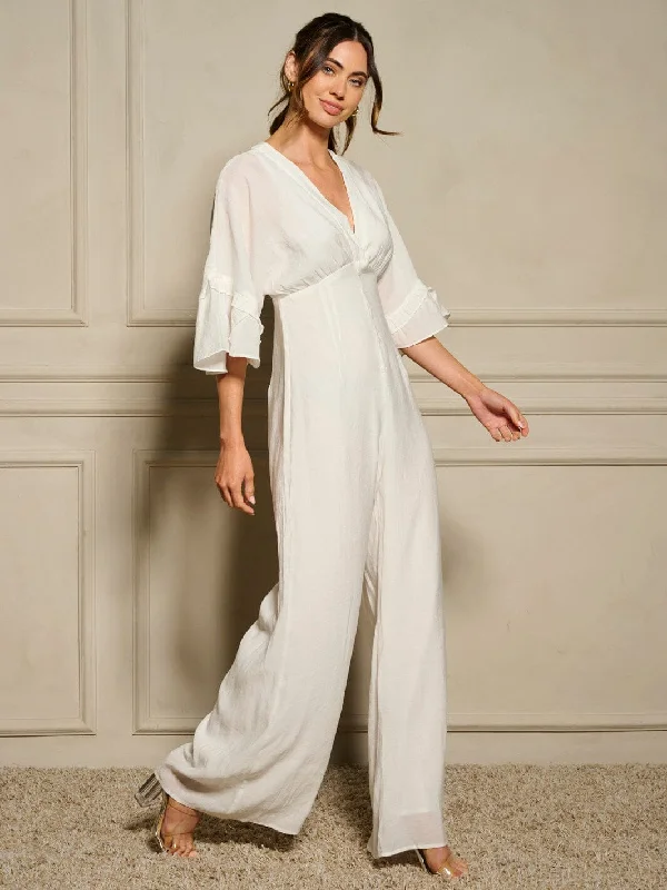 WOMEN'S SHORT SLEEVE V-NECK RUFFLE WIDE LEG JUMPSUIT Exclusive Sale