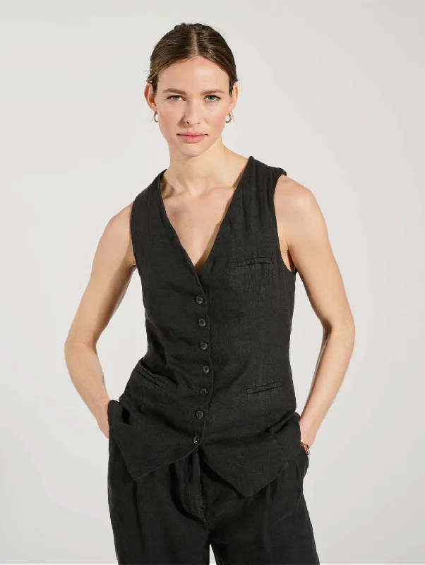 Tallulah Linen Waistcoat | Caviar Black Chic Style, Always In Vogue