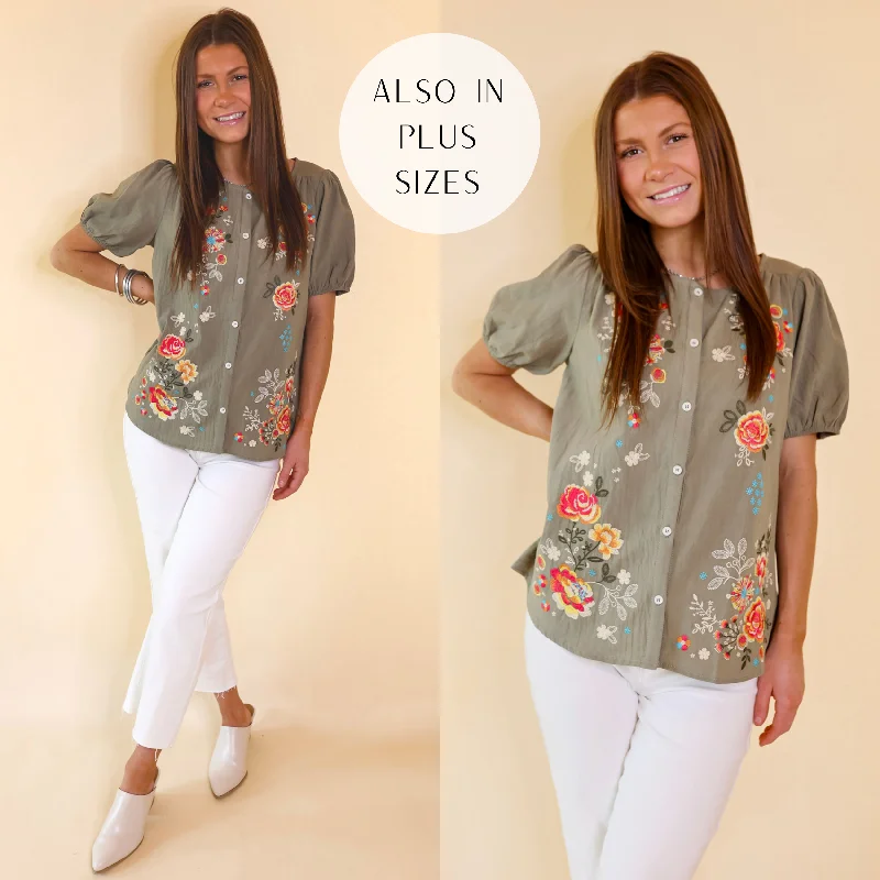 Sunny Forecast Button Up Floral Embroidered Top in Dusty Olive Green Break Fashion Norms