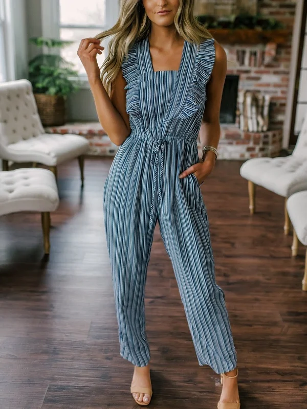 Women Ruffle Detail Lace Up Navy Striped Jumpsuit Day-To-Night Styles