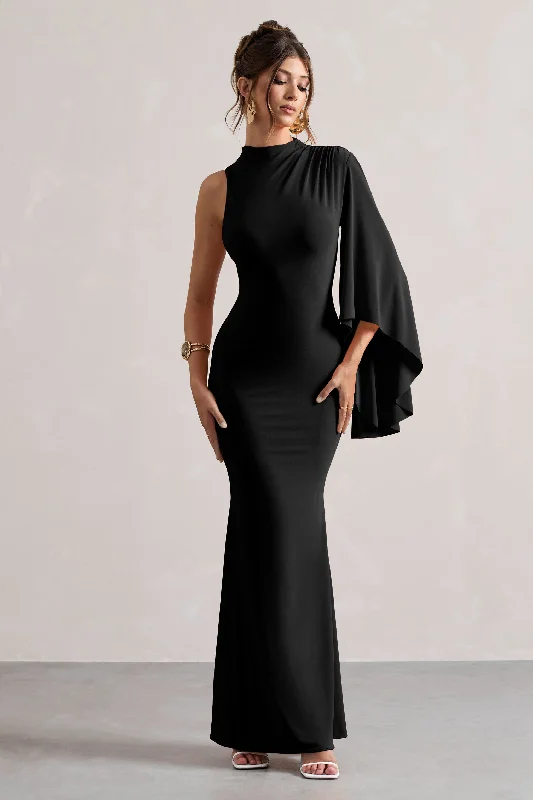 Samaya | Black High-Neck Cape-Sleeve Maxi Dress Snag Fabulous Fashion Bargains