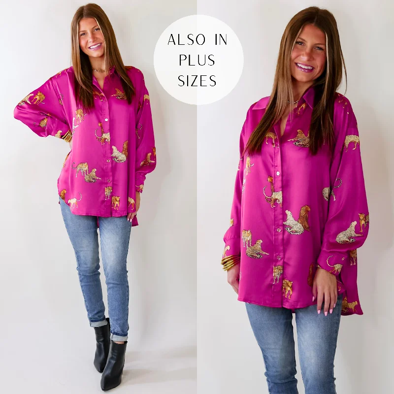 Tell Me Something Good Cheetah Print Long Sleeve Button Up Top in Magenta Pink Seasonal Trend