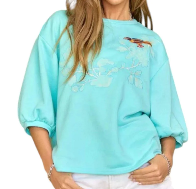 Oriental Embroidered Bird Puff Sleeve Top In Mint The Good Stuff