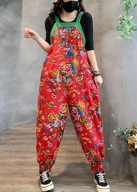 Red High Waist Patchwork Cotton Jumpsuits Pockets  Fall Celebrate With Big Savings