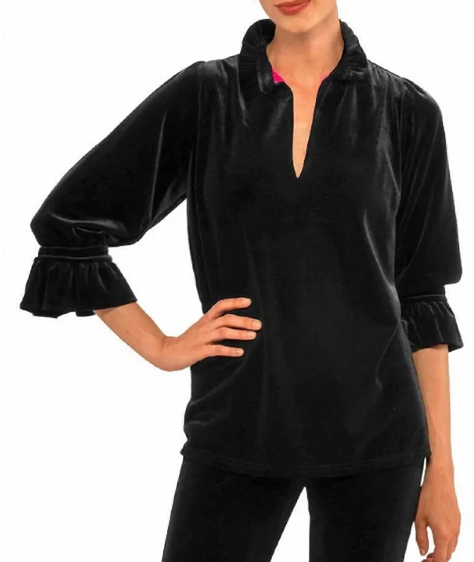 Ruffleneck Tunic In Velvet In Black Limited Time Deal