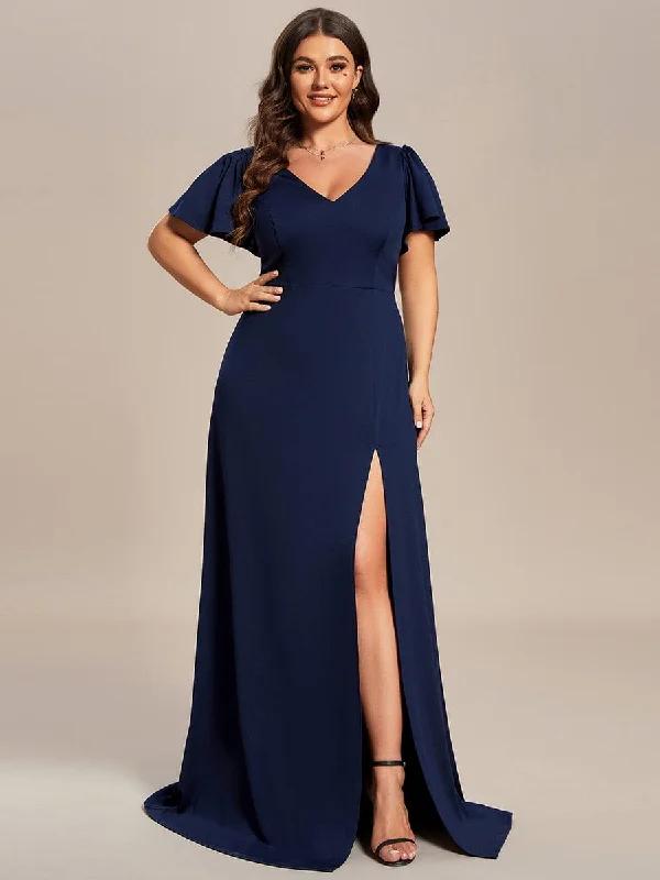 Plus Size Classical Ruffles Sleeve A-Line Front Slit Bridesmaid Dress Current Trends