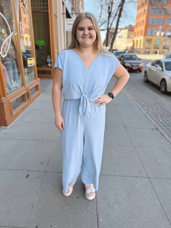 Light Blue Short Sleeve Sky Jumpsuit-Final Sale Online Only Feminine Soft - Hued Look