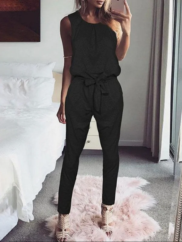 Round Neck Bowknot Belt Loops Jumpsuits Minimalist Chic