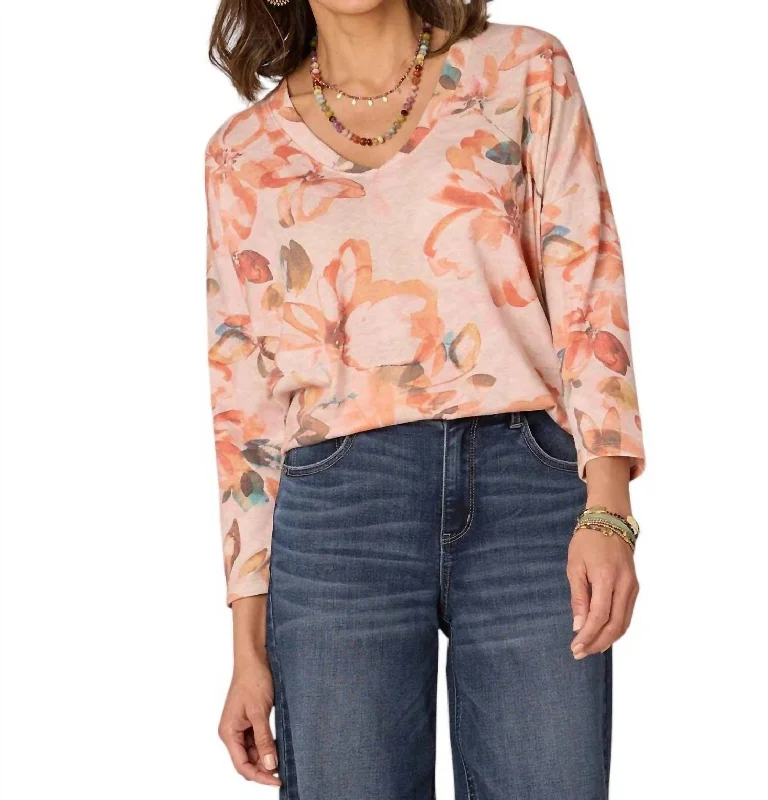 Three Quarter Sleeve Rounded V-Neck Floral Printed Knit Top In Honey Guava Multi Quality Wear