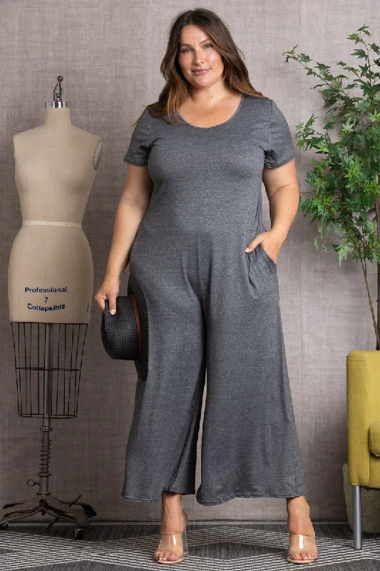 GREY SHORT SLEEVES WIDE LEG PLUS SIZE JUMPSUIT P7773 Chic And Edgy