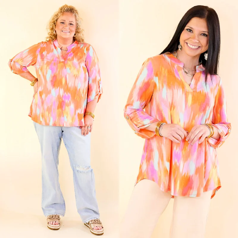 Urban Elegance Watercolor 3/4 Sleeve Tunic Top in Orange Mix Now On Sale For Chic Urban Styles