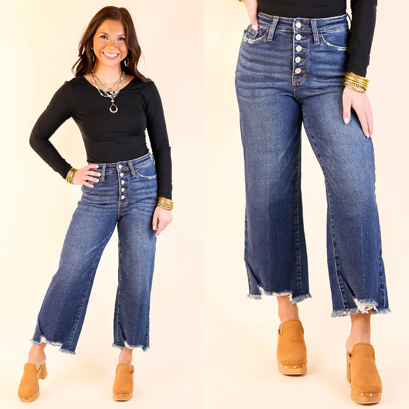 Judy Blue | Lead the Way High Waisted Button Fly Cropped Wide Leg Jean with Destroy Hem in Medium Wash From Casual To Classy