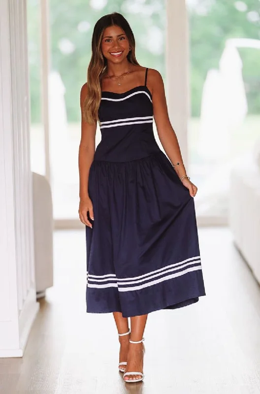 Come Sail Away Midi Dress - Navy Dive Into Trendy Women's Fashion