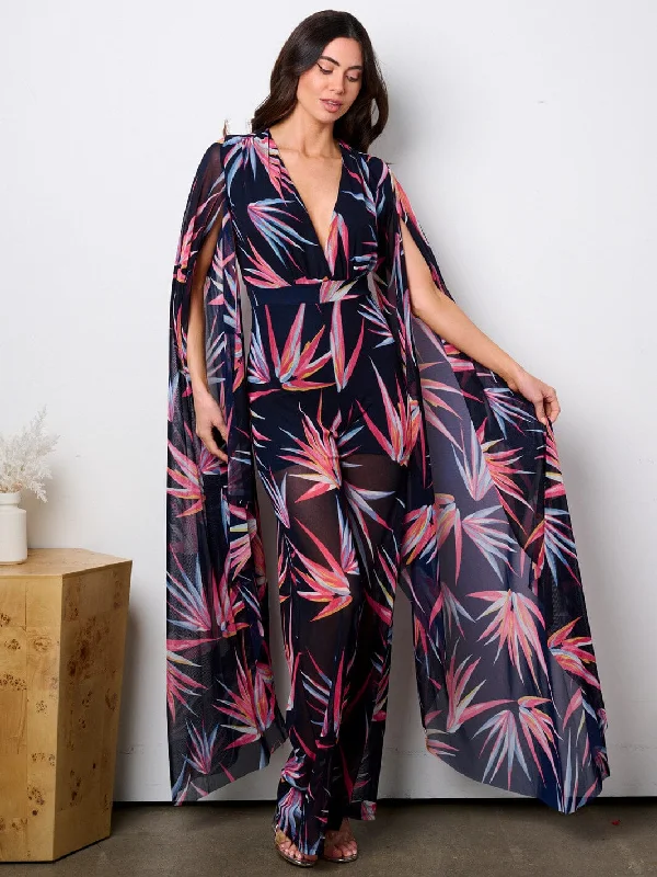 WOMEN'S LONG BELL SLEEVE V-NECK WIDE LEG LEAF PRINT JUMPSUIT Must-Have Styles