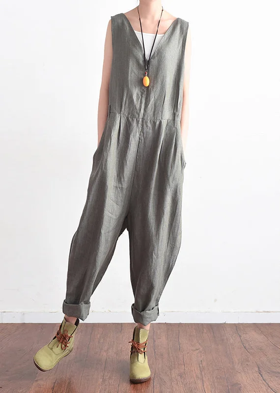 French v neck jumpsuit pants linen clothes Plus Size Outfits gray daily summer Trendsetting Threads