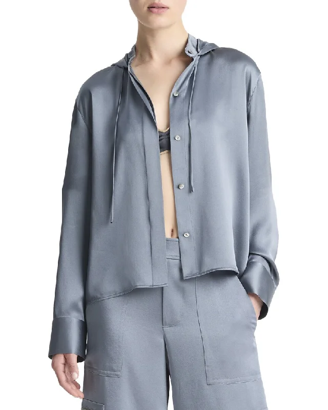 Vince Hooded Button-Down Silk Shirt Women's Urban Fashion