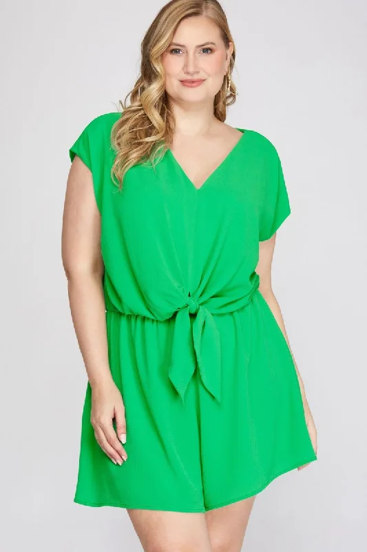 APPLE GREEN DROP SHOULDER TIE FRONT PLUS SIZE WOVEN ROMPER S12PSY1608R Discount Extravaganza