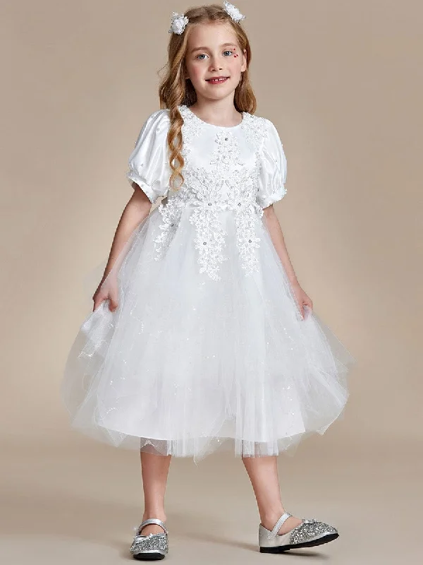 Satin Floral Applique Puff Sleeves Tulle Flower Girl Dress Mega Sales