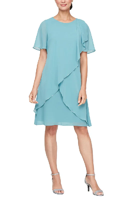 Chiffon Dress with Tulip Overlay Bodice, Short Sleeves and Beaded Trim Absurdly Cheap Sale