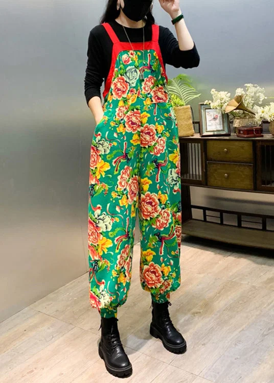 New Green Print Patchwork Cotton Jumpsuit Sleeveless Clearance Event