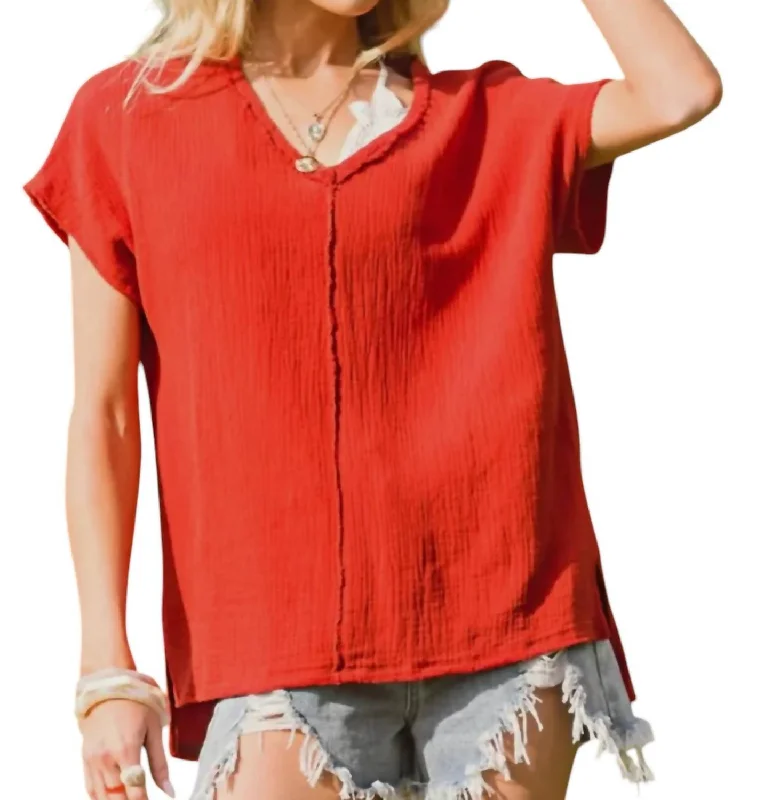 Gauze V-Neck Tunic Top In Fire Red Fashion Sale