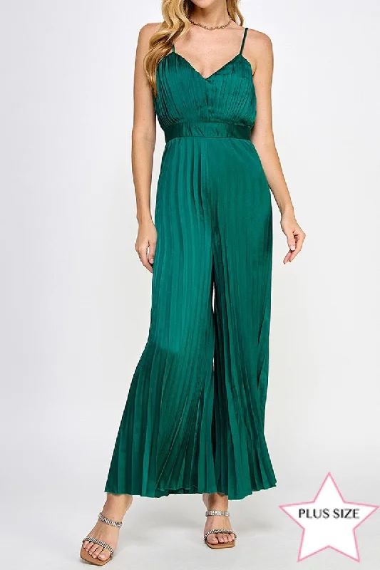 HUNTER GREEN SATIN SPAGHETTI STRAP PLEATED WIDE LEG PLUS SIZE JUMPSUIT AVJ51891WX Crazy Discounts, Hurry Up