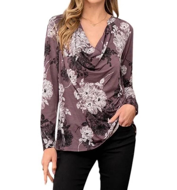 Cowl Neck Long Sleeve Floral Print Top In Plum/black Special Offer For You