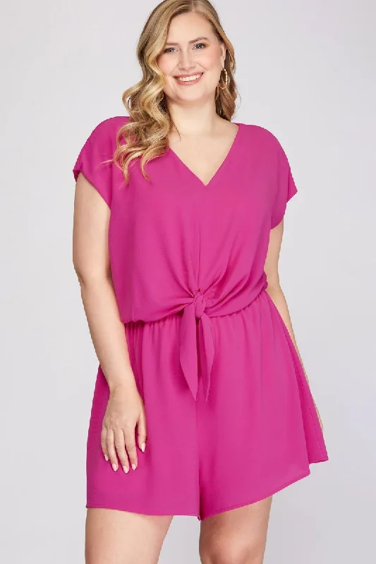 MAGENTA PINK DROP SHOULDER TIE FRONT PLUS SIZE WOVEN ROMPER S12PSY1608R Top Brand Discounts