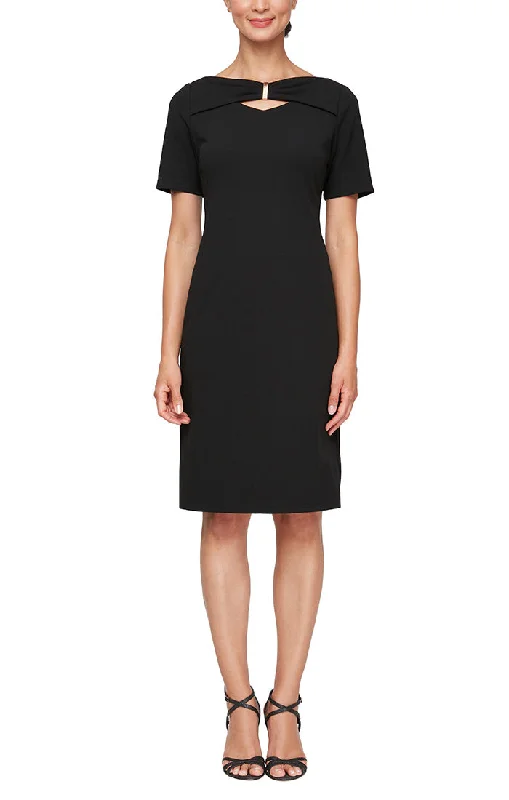 Short Stretch Crepe Sheath Dress with Ruched Cutout Neckline Detail The Good Stuff