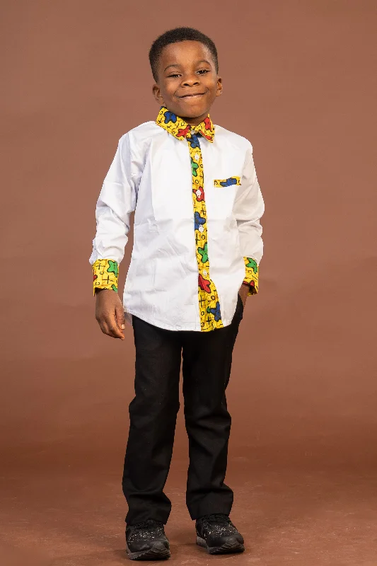 Theodore Mixed Print Boy Shirt | White and African Print Fashion Frontiers