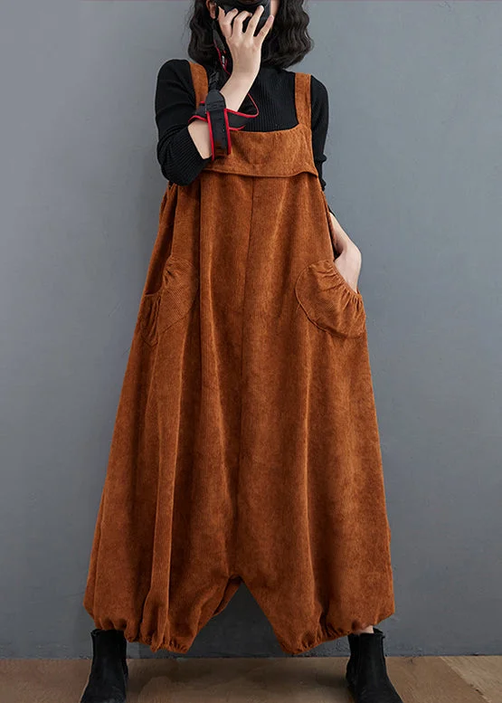 Loose Coffee Pockets High Waist Patchwork Corduroy Jumpsuits Fall Unbeatable Prices