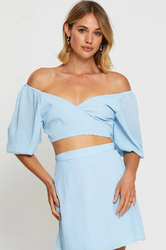 Blue Wrap Top Off Shoulder Crop Versatile Outfits